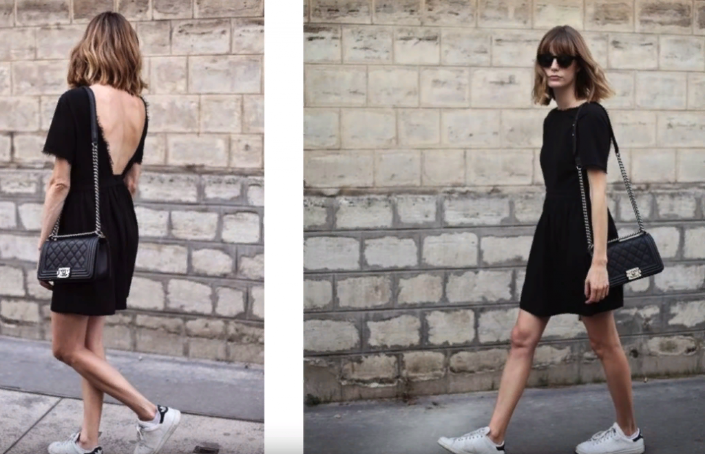 Белые кроссовки с классическим чёрным платьем.png